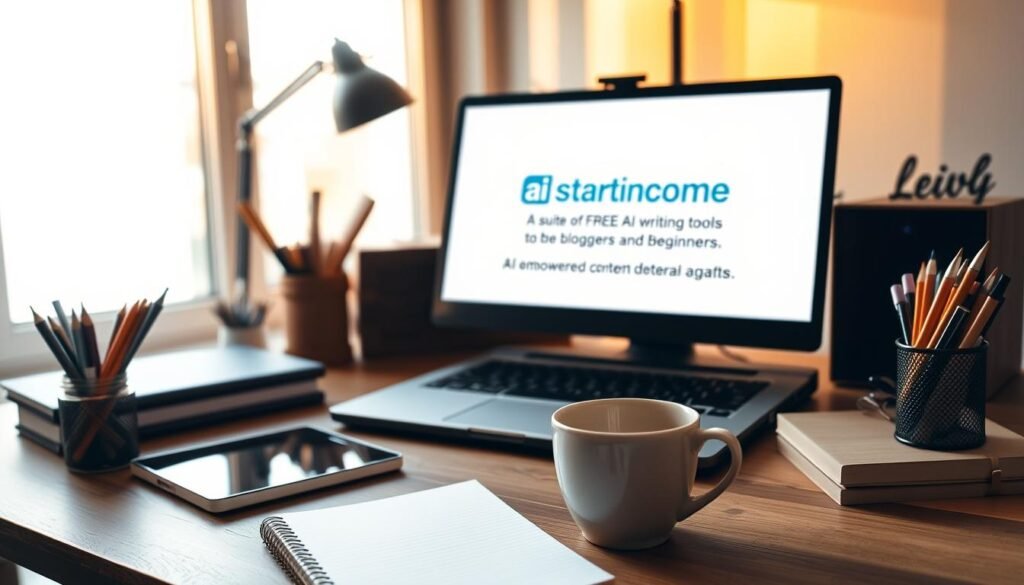 A cozy home office setup with a laptop, tablet, and stationery supplies arranged neatly on a wooden desk. The desk is illuminated by warm, diffused lighting from a large window, casting a serene atmosphere. In the foreground, a cup of coffee or tea sits beside a notepad, symbolizing productivity and creativity. In the background, the aistartincome logo is prominently displayed on the laptop screen, indicating a suite of free AI writing tools available to bloggers and beginners. The entire scene conveys a sense of focus, inspiration, and the empowering potential of AI-assisted content creation.