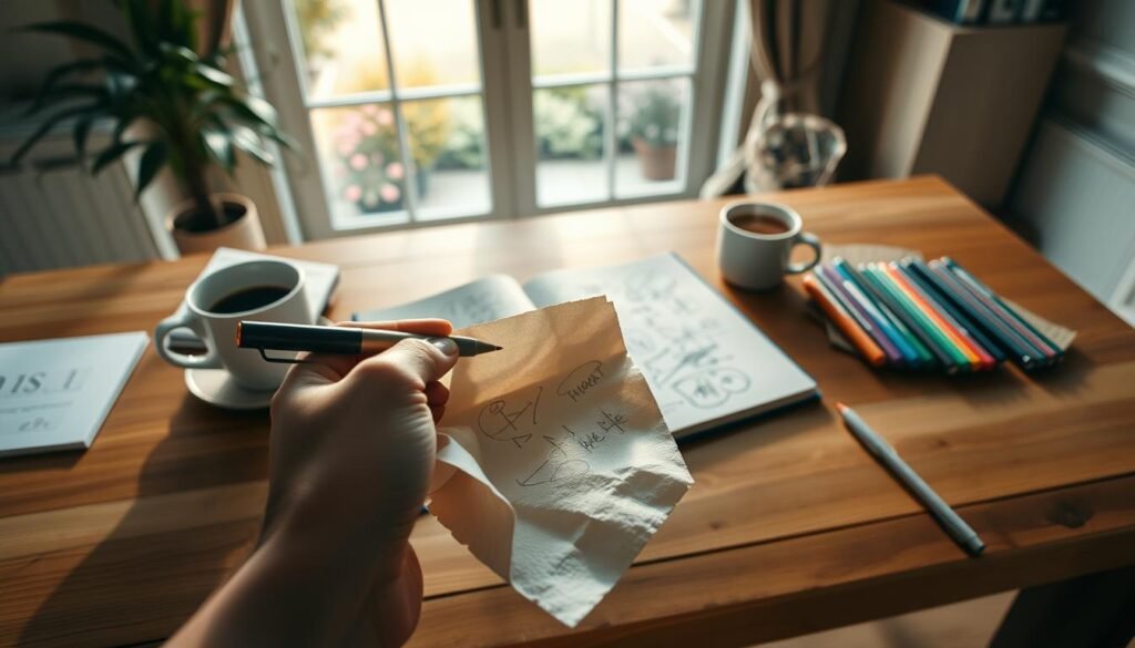 A cozy, well-lit home office scene, with a wooden desk and a large window overlooking a serene garden. On the desk, a sketchpad lies open, its pages filled with scribbles and doodles, suggesting a burst of creative inspiration. Beside it, a cup of steaming coffee and a handful of colorful markers, signifying the process of brainstorming and idea generation. The lighting is soft and warm, creating a contemplative and productive atmosphere. In the foreground, a human hand holds a napkin, scribbling furiously as if capturing a fleeting moment of brilliant insight. The background is slightly blurred, keeping the focus on the napkin and the creative process unfolding on the desk.