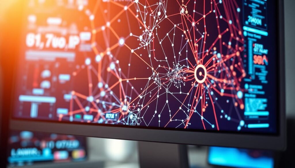 A detailed close-up view of a computer monitor displaying a complex network of interconnected nodes, lines, and data visualizations. The screen is surrounded by a sleek, minimalist metal frame bathed in a soft warm glow from the backlit display. The overall scene conveys a sense of technological sophistication and the cutting edge of computer vision, with a focus on the intricate patterns and data flows that power this transformative AI technology.
