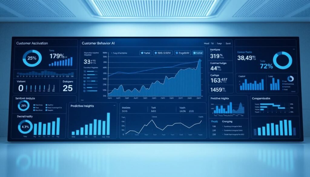 A detailed, data-driven analysis of customer behavior for PolybuzzAI, presented in a sleek, modern dashboard. Centered on a large graph showcasing key metrics like customer acquisition, retention, and engagement rates. Surrounded by smaller panels highlighting demographic breakdowns, sentiment analysis, and predictive insights. The overall scene has a clean, minimalist aesthetic with subtle hues of blue and gray, conveying a sense of professionalism and technical sophistication. Bright task lighting casts a soft glow, while a shallow depth of field keeps the focus on the essential information. The layout is well-organized and intuitive, reflecting PolybuzzAI's commitment to empowering businesses with AI-driven customer intelligence.