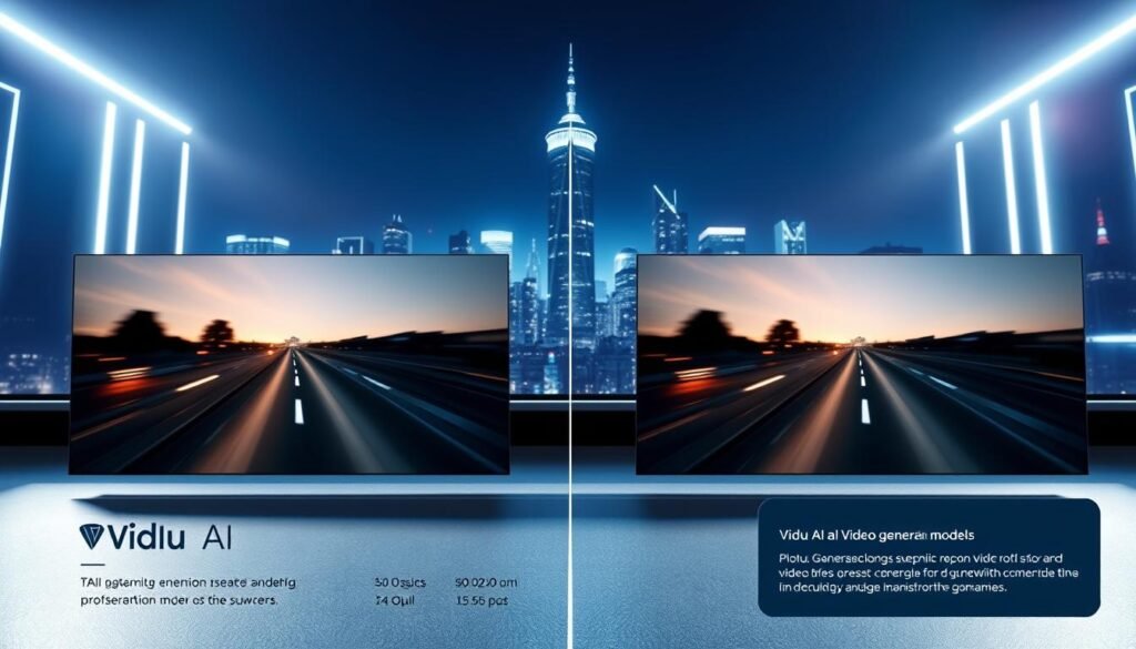 A high-contrast, professionally-lit comparison of AI video generation models. In the foreground, two video frames side-by-side, showcasing the photorealistic quality and fluid motion of Vidu AI's output. The middle ground features sleek, minimalist UI elements highlighting key specs and capabilities. In the background, a dramatic cityscape bathed in cool, futuristic lighting, underscoring the advanced, cutting-edge nature of the technology. The overall composition conveys a sense of innovation, power, and technological superiority of Vidu AI over its competitors in the AI video generation space.