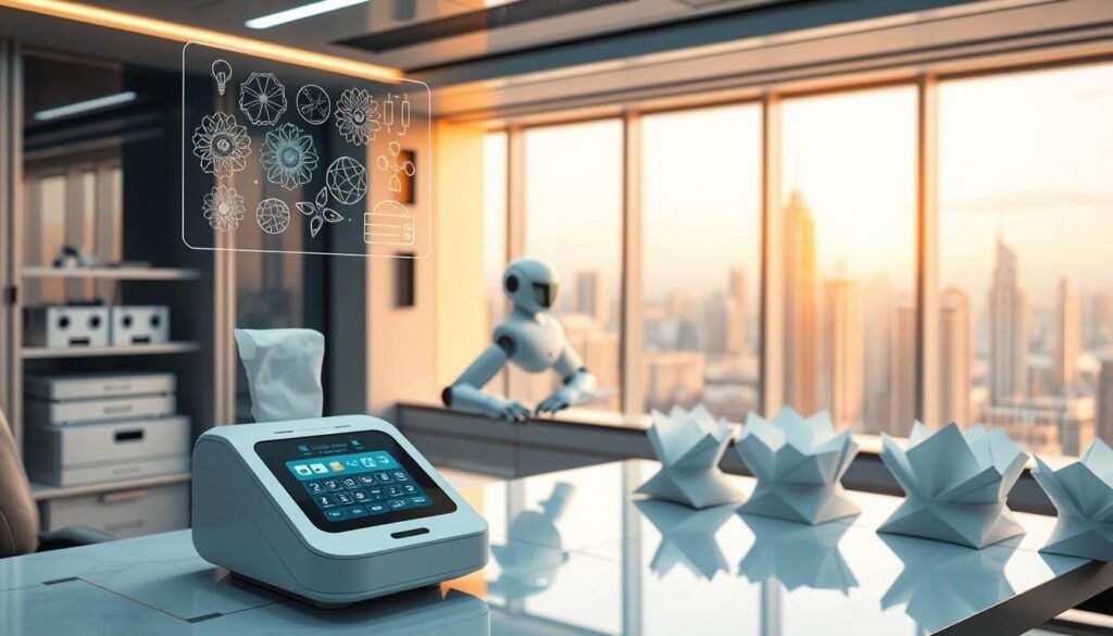 A high-tech, futuristic workspace filled with an array of AI-powered napkin products. In the foreground, a sleek, minimalist napkin dispenser hovers on the desk, its surface glowing with integrated touchscreen controls. Floating above it, a holographic interface displays intricate napkin designs, allowing the user to select and customize patterns with a flick of their fingers. In the middle ground, a robotic arm tirelessly folds pristine white napkins, each one imbued with intelligent sensors that can detect spills and automatically clean the user's hands. In the background, a large panoramic window offers a view of a gleaming, high-rise cityscape, bathed in warm, ambient lighting that reflects off the polished surfaces of the AI-enhanced napkin products.