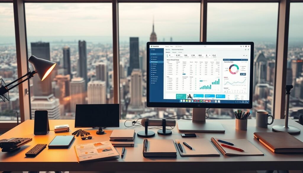 A high-tech workspace with a sleek, minimalist design. In the foreground, a modern desktop computer displays various SEO analysis tools, each with a clean, intuitive interface. Surrounding the computer, an assortment of devices and accessories, such as a smartphone, tablet, and a high-quality microphone, suggests a multifaceted approach to digital marketing. The middle ground features a neatly organized array of notebooks, pens, and other office supplies, hinting at the analytical and strategic nature of the workflow. In the background, a large, panoramic window showcases a vibrant cityscape, underscoring the dynamic and ever-evolving nature of the digital landscape. Warm, directional lighting casts a professional and focused atmosphere, guiding the viewer's attention to the central tools and their potential to enhance SEO strategies.