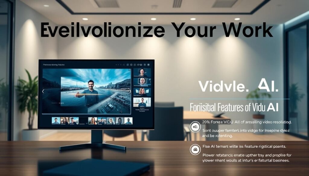 A highly detailed, high-resolution video output from Vidu AI, showcasing its advanced video processing capabilities. The foreground features a clear, crisp video playback on a sleek, modern display with accurate color representation and vivid details. The middle ground includes various intuitive user interface elements, highlighting Vidu AI's seamless workflow and user-friendly design. The background depicts a professional, minimalist office setting with subtle lighting, creating a calm and productive atmosphere. The overall scene conveys the power and sophistication of Vidu AI, perfectly aligning with the "Revolutionize Your Work" theme and the "Core Features of Vidu AI" section.