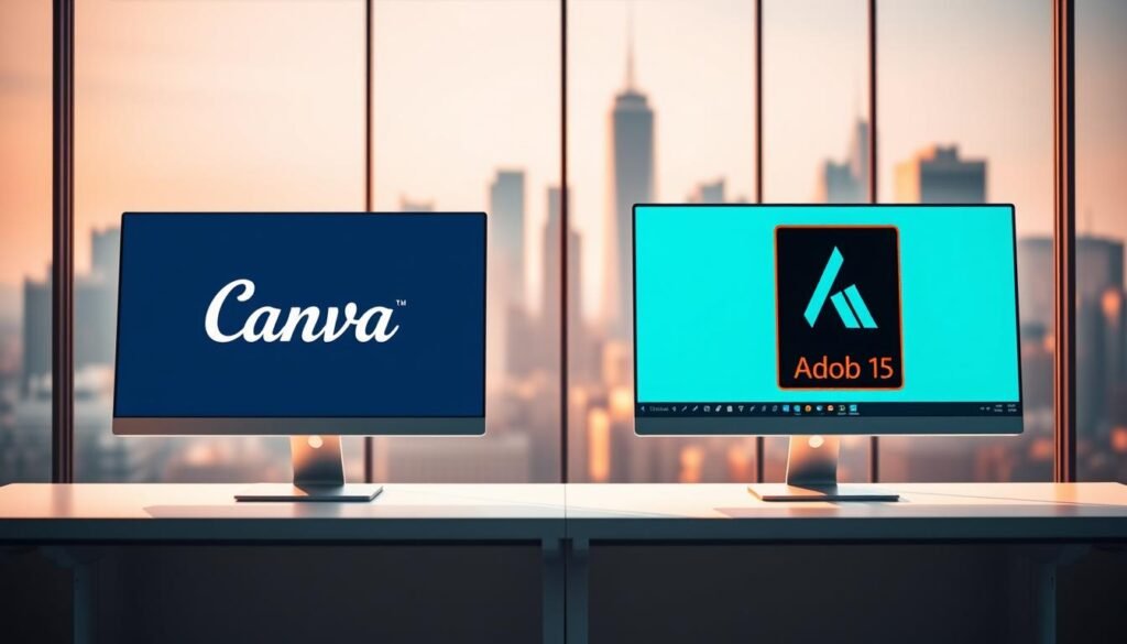 A modern office setting with two prominent, sleek computer displays showcasing the logos and UI of Canva and Adobe design software. The displays are placed side-by-side on a minimalist, white desk, bathed in warm, directional lighting that casts subtle shadows. The background is a blurred, out-of-focus city skyline, conveying a professional, technological atmosphere. The displays feature crisp, detailed user interfaces demonstrating the core functionality and capabilities of each design tool. The overall composition should highlight the comparison and contrasting features of the two leading AI-powered design platforms.