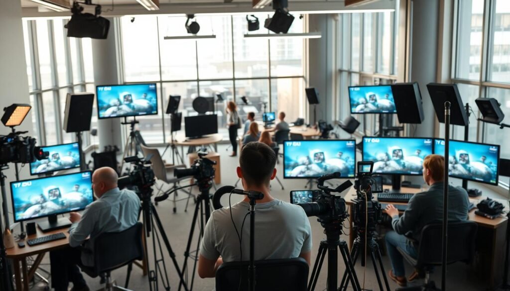 A professional digital content creation studio, filled with the latest video equipment and technology. In the foreground, a team of creatives work together, capturing footage and editing on high-resolution displays. The middle ground features a range of cameras, lighting setups, and other specialized gear, while the background showcases a sleek, modern office space with large windows that flood the room with natural light. The overall atmosphere is one of productivity, collaboration, and cutting-edge innovation, perfectly capturing the essence of Veo3's practical video content creation capabilities.