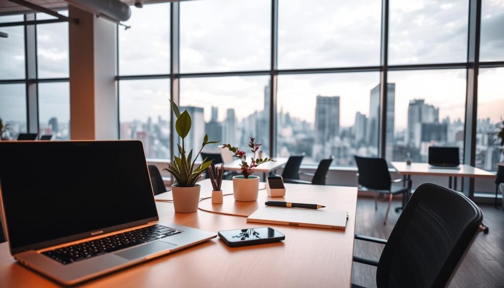 A serene coworking space filled with AI-powered productivity tools, from virtual assistants to no-code platforms. The foreground showcases a sleek laptop and smart device, while the middle ground features a minimalist desk with a potted plant and stationery. Warm lighting casts a gentle glow, and the background reveals large windows overlooking a bustling city skyline. The overall atmosphere conveys a sense of effortless productivity and financial opportunity, inspiring the viewer to harness the power of free AI tools to unlock new ways of making money online.