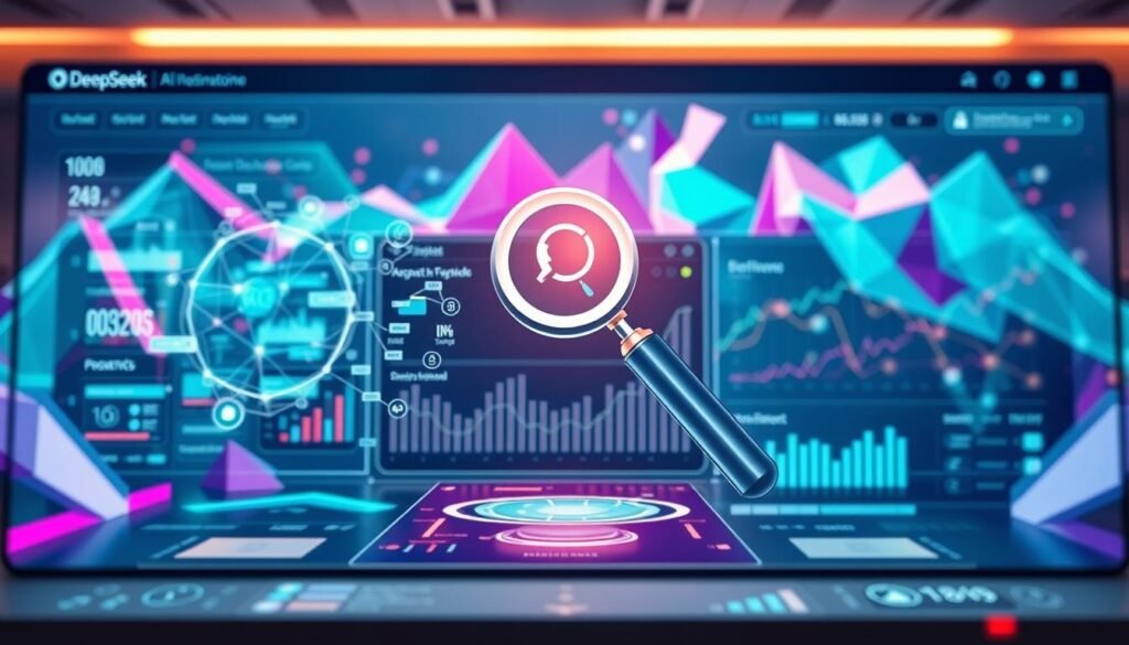 A sleek, futuristic data visualization dashboard showcasing the advanced capabilities of DeepSeek AI's intelligent search. In the foreground, a stylized magnifying glass icon hovers over a holographic display, revealing intricate data flows and interconnected insights. The middle ground features a minimalist user interface with clean typography and intuitive controls, highlighting DeepSeek's seamless integration and user-friendly design. In the background, a dynamic, three-dimensional world of abstract geometric shapes and vibrant color gradients creates a sense of depth and technological sophistication. Soft, directional lighting casts a warm, inviting glow, while a subtle depth of field effect adds depth and focus to the scene. The overall atmosphere conveys a balance of power, precision, and effortless usability that exemplifies DeepSeek AI's intelligent search capabilities.