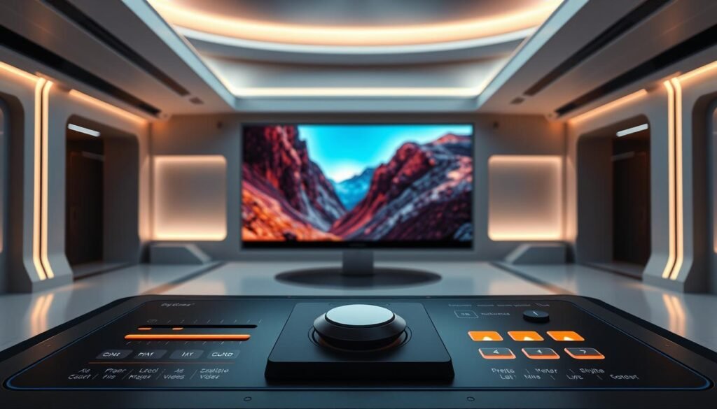 A sleek, futuristic interface showcases the powerful capabilities of Piclumen AI. In the foreground, a digital control panel with intuitive sliders and buttons allows for precise visual content transformation. Vibrant, high-resolution imagery takes center stage, demonstrating the platform's ability to enhance and manipulate photos and videos. The background features a minimalist, high-tech environment with clean lines, subtle lighting, and a muted color palette, creating a sense of sophistication and advanced technology. The overall composition conveys the seamless integration of human creativity and artificial intelligence, capturing the essence of Piclumen's transformative visual content solutions.