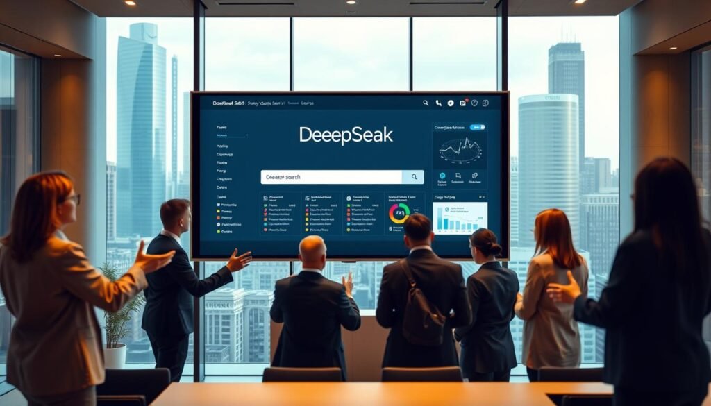 A sleek, modern office interior with a large central display showcasing the DeepSeek AI Enterprise Search platform. The display features a clean, minimalist interface with intuitive search controls and dynamic data visualizations. In the foreground, a team of professionals gestures towards the screen, deep in discussion. Warm, directional lighting illuminates the scene, creating a sense of productivity and innovation. The background features floor-to-ceiling windows overlooking a bustling cityscape, emphasizing the enterprise-level capabilities of the DeepSeek AI system.
