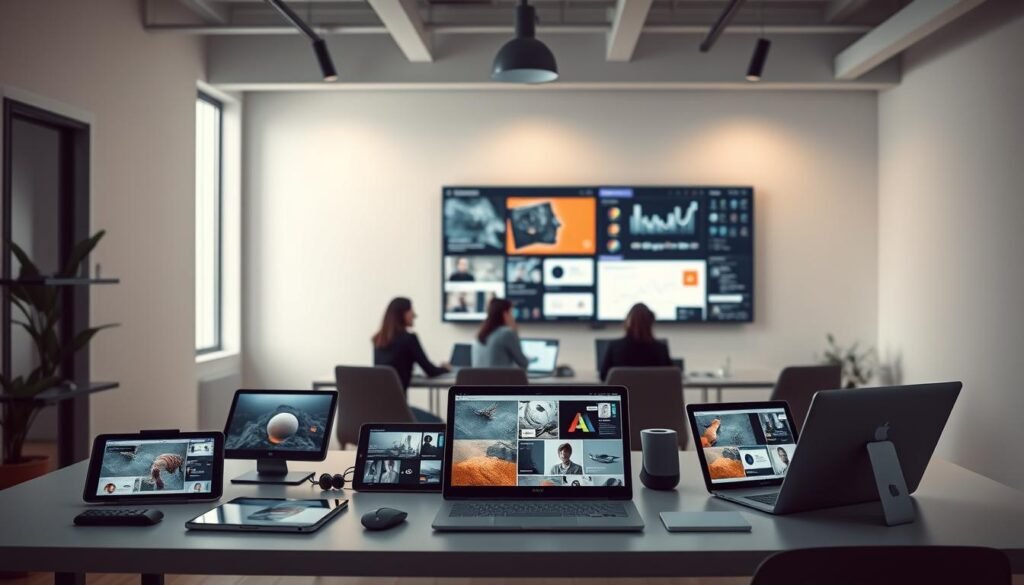 A sleek, modern office interior with a minimalist aesthetic. In the foreground, a desk showcases an array of aistartincome AI content generation tools - tablets, laptops, and other devices displaying various content creation interfaces. The middle ground features the silhouettes of creative professionals collaboratively working on their projects, while the background depicts a wall-mounted display showcasing AI-generated visuals and analytics dashboards. Soft, directional lighting creates a warm, productive atmosphere, and the composition emphasizes the seamless integration of AI-powered tools into the content creation workflow.