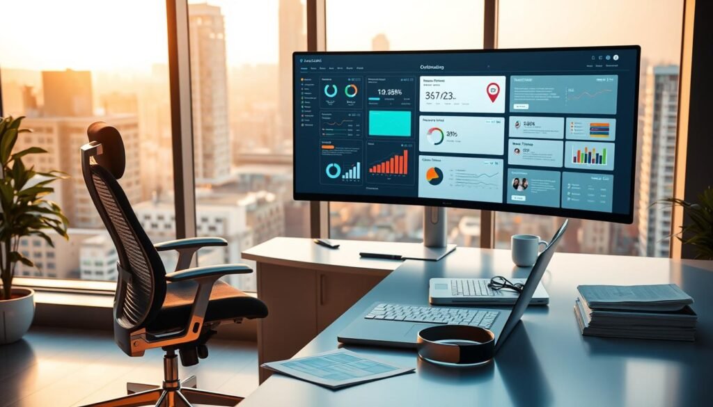 A sleek, modern workspace with a large monitor displaying a variety of SEO optimization tools. In the foreground, an ergonomic office chair and a minimalist desk with a laptop, mouse, and coffee mug. The middle ground features neatly organized files, notepads, and a pair of headphones, suggesting a focused and productive work environment. The background showcases a large window with a cityscape view, bathed in warm, natural lighting that creates a sense of productivity and inspiration. The overall atmosphere conveys a harmonious blend of technology, efficiency, and an aesthetically pleasing design, perfectly suited to illustrate the "Maximizing SEO Performance with PolybuzzAI Tools" section.
