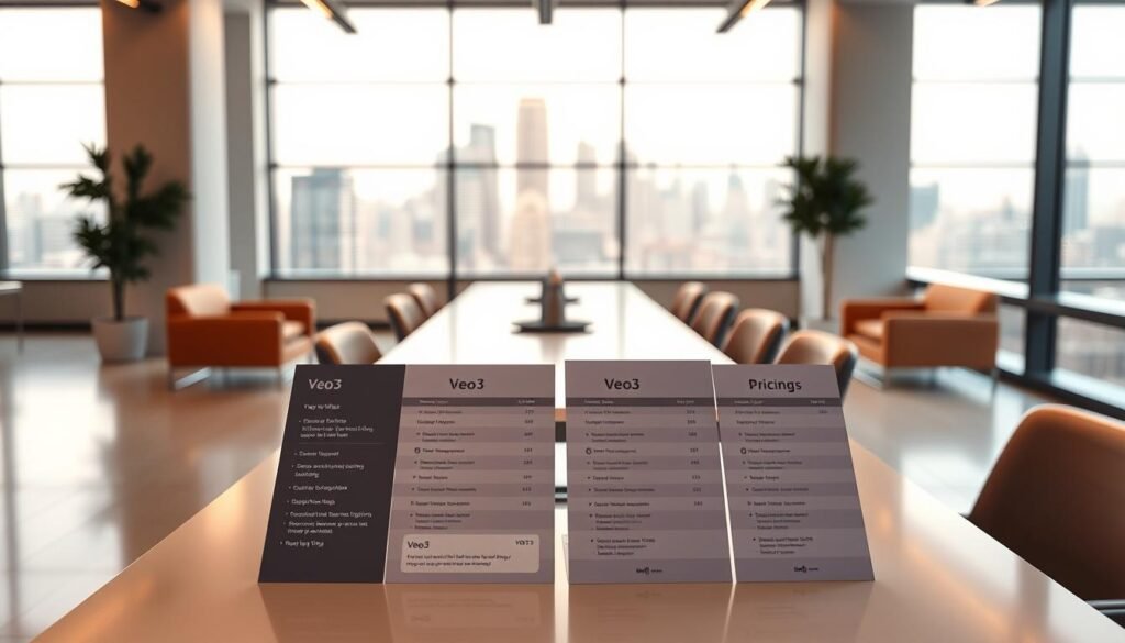 A spacious, minimalist office interior with warm lighting and clean lines. In the foreground, a sleek, modern table displays detailed pricing plans for Veo3, the latest video platform. The plans are elegantly presented, highlighting the key features and subscription options. The middle ground features a large window overlooking a vibrant cityscape, creating a sense of openness and sophistication. The background is slightly blurred, allowing the pricing plans to take center stage. The overall atmosphere is professional, inviting, and conducive to thoughtful decision-making about Veo3's pricing and subscription models.