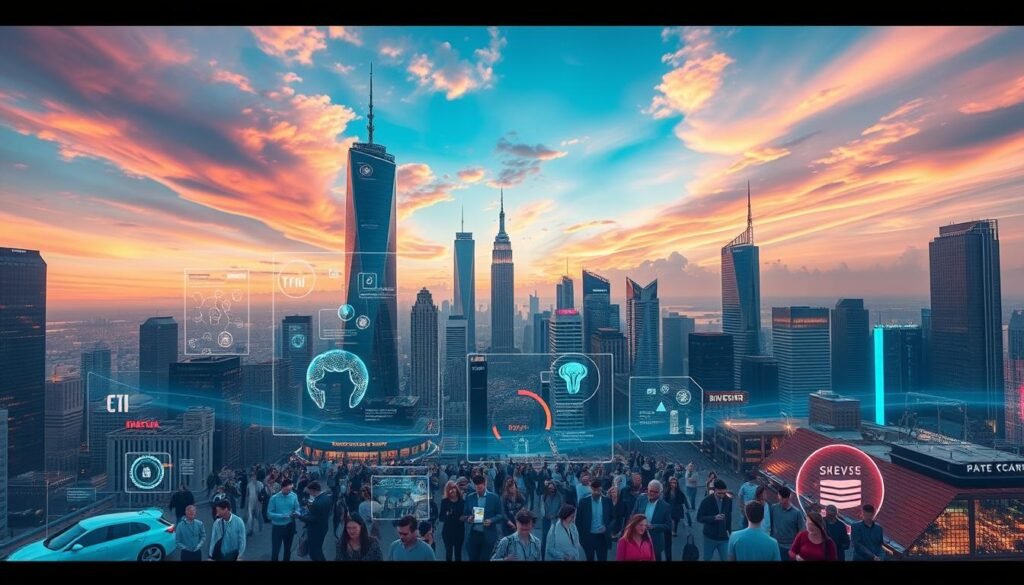 A sprawling, futuristic cityscape with towering skyscrapers and gleaming glass facades. In the foreground, a cluster of holographic displays showcases a diverse range of AI-powered applications - from interactive virtual assistants and autonomous vehicles to smart home systems and augmented reality experiences. The middle ground features a bustling, tech-savvy populace interacting with these cutting-edge technologies, their faces alight with wonder and excitement. In the background, a breathtaking, chromatic sky with vibrant hues and dynamic cloud formations, creating an awe-inspiring, almost utopian atmosphere. Lighting is a striking balance of warm, ambient illumination and dynamic, neon-like accents, emphasizing the innovative and transformative nature of the Pixverse AI applications on display.
