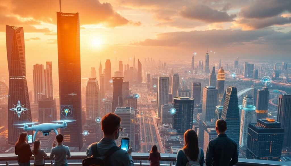 A vast, futuristic cityscape stretches out before the viewer, its gleaming skyscrapers and advanced infrastructure bathed in a warm, golden light. In the foreground, a group of people interact with various Piclumen AI-powered applications, their faces lit by the glow of holographic interfaces. The middle ground showcases an array of innovative technologies, from autonomous vehicles to drones and robotic assistants, all seamlessly integrated into the urban landscape. In the background, a vibrant, technological skyline rises up, hinting at the endless possibilities enabled by Piclumen's cutting-edge AI solutions. The overall scene conveys a sense of progress, efficiency, and the transformative potential of Piclumen's applications in shaping the future of our cities and daily lives.