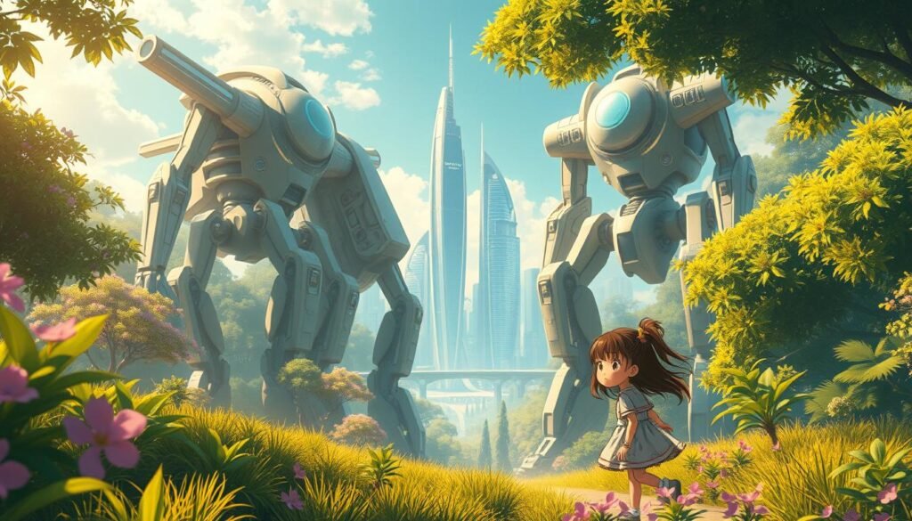 A vibrant, futuristic Ghibli-inspired animation set in a lush, verdant world. In the foreground, a young girl with expressive, anime-style features explores a fantastical landscape, her movements fluid and graceful. Towering in the middle ground, massive robotic sentinels stand guard, their intricate metallic forms a striking contrast to the organic surroundings. In the distant background, a gleaming, high-tech city skyline rises, its sleek, curving architecture and glowing windows hinting at a advanced, harmonious technological future. Soft, warm lighting casts a dreamlike glow, evoking a sense of wonder and enchantment. The overall atmosphere is one of whimsical futurism, blending the timeless aesthetics of Ghibli with a vision of a AI-powered, yet natural, world to come.
