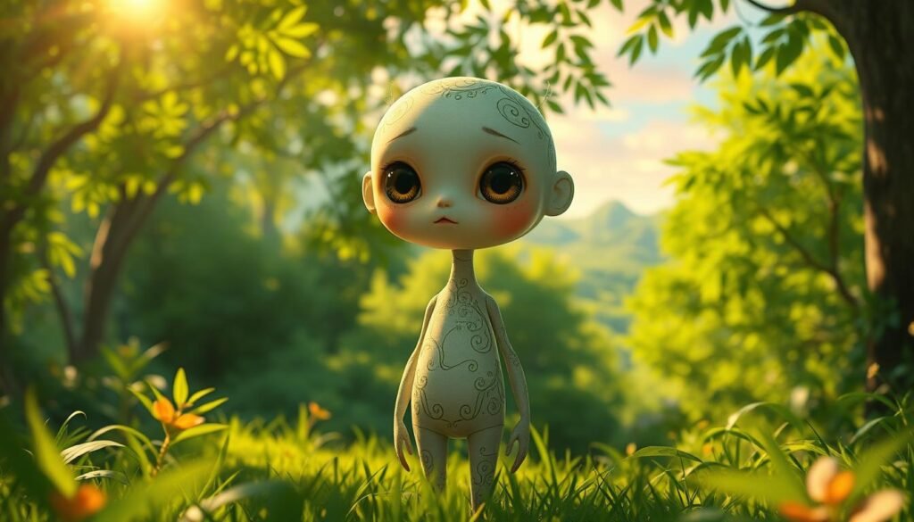 A whimsical Ghibli-inspired AI character, standing in a lush, verdant forest clearing. Soft, diffused lighting filters through the canopy, casting a warm, dreamlike glow. The character's features are delicate and expressive, with large, emotive eyes and a serene, contemplative expression. Intricate, nature-inspired patterns adorn the character's body, blending seamlessly with the surrounding foliage. In the background, distant hills and a vibrant, impressionistic sky add depth and a sense of wonder. The overall composition evokes a sense of tranquility, imagination, and the mystical spirit of the Ghibli universe.