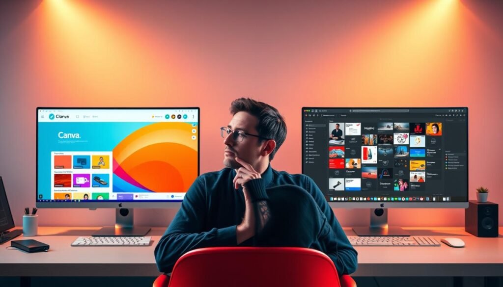 Sleek, modern workspace with two state-of-the-art AI design tools side by side. On the left, the intuitive Canva interface with a vibrant color palette and user-friendly tools. On the right, the powerful Adobe AI suite with advanced features and a more complex layout. In the middle, a thoughtful user evaluates the contrasting user experiences, considering the ease of learning and everyday productivity. Warm, directional lighting illuminates the scene, creating a palpable sense of focus and decision-making. The overall atmosphere is one of careful comparison, highlighting the nuanced differences in user experience between these leading AI design platforms.