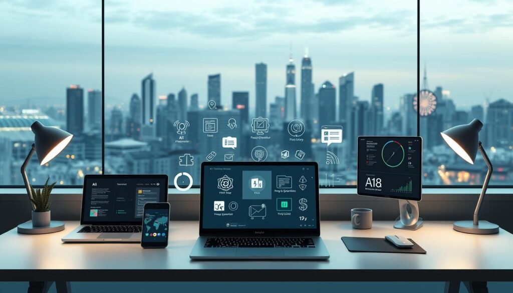 a stunning photorealistic digital illustration of a desk setup showcasing various AI-powered tools and software for generating passive income streams. The foreground features a modern, minimalist desk with a laptop, smartphone, and a tablet displaying different AI-powered interfaces. The middle ground includes various icons and illustrations representing AI-powered writing assistants, image generators, chatbots, and data analysis tools. The background depicts a serene, futuristic city skyline with glowing skyscrapers, hinting at the technological advancements that enable these passive income opportunities. The lighting is soft and diffused, creating a calm and productive atmosphere. The composition is well-balanced, with a clean and organized layout that emphasizes the harmonious integration of AI-driven tools for building sustainable online revenue.